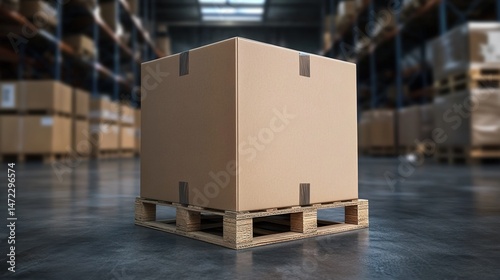 Brown cardboard box on pallet in warehouse with shelved boxes.