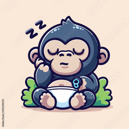 Cute Gorilla Baby Sleeping Cartoon Vector Icon Illustration 