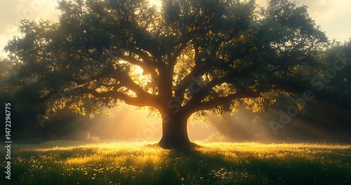 The Radiant Embrace of Nature A Majestic Tree Bathed in Golden Sunlight's Glory
