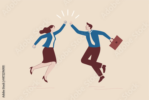 Team success winners, hi five or congratulation on business goal achievement, collaboration or encouragement concept, happy businessman and woman teamwork coworkers jumping and hi five clapping hands.
