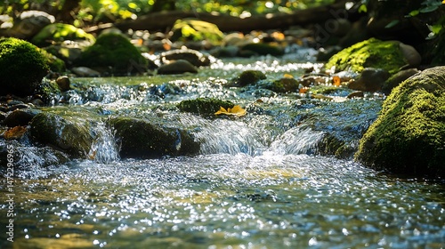 A Glimpse into Natural Beauty: Mountain Stream Flowing Through a Mossy Forest