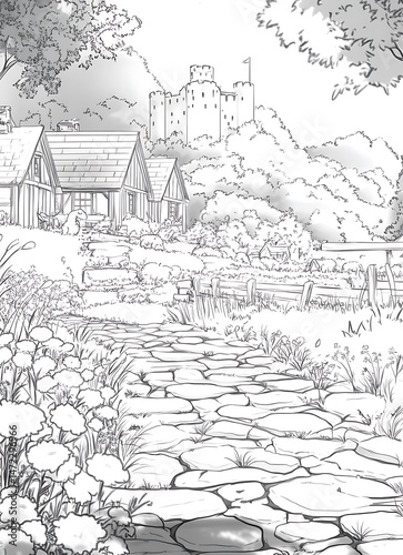 A Cobblestone Path Leads to a Quaint Village Surrounded by Lush Greenery
