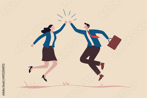 Team success winners, hi five or congratulation on business goal achievement, collaboration or encouragement concept, happy businessman and woman teamwork coworkers jumping and hi five clapping hands.