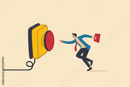 Push button call for emergency help, control or launch rocket, start new business or launch start up company concept, cautious businessman running in hurry to push red emergency button.