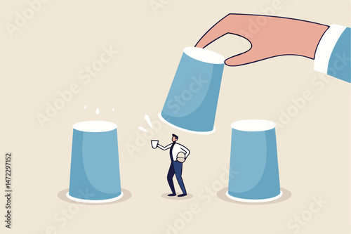 HR, Human resources choosing candidate, career choice or hiring manager and employment concept, employer hand lifting up the chosen cup to choose candidate businessman from guess game cups.