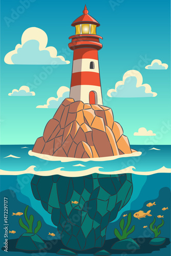 Lighthouse on Rock in Ocean, Vector Illustration