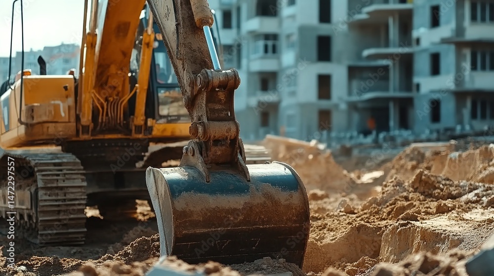 Fototapeta premium A yellow excavator digging soil at a construction site with an unfinished building in the background.
