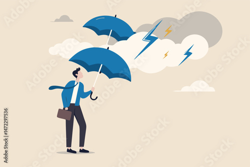 Extra protection for thunderstorm ahead, business protection or insurance, resilience or shield to survive crisis situation concept, businessman holding double layers umbrella to protect against storm