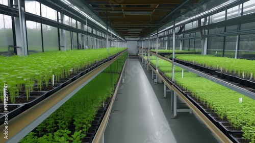 Indoor hydroponic greenhouse with lush green seedlings growing in neat rows