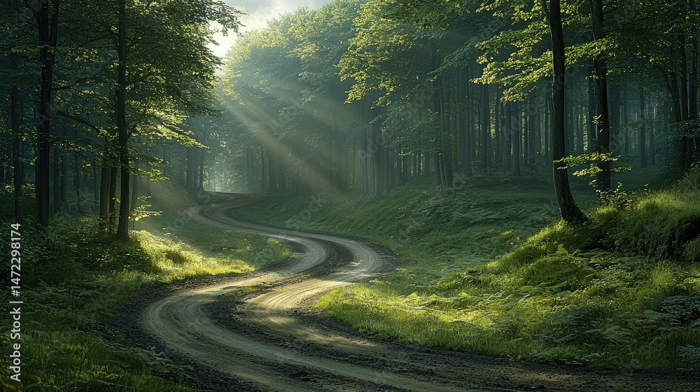 Obraz premium Sunbeams Illuminate Winding Forest Path: A Serene Nature Escape