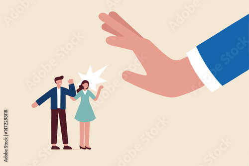 Freedom of speech, listen to employee opinion, work hierarchy boundary, censorship or inequality concept, company employee people shouting on megaphone to executive management big denied hand.