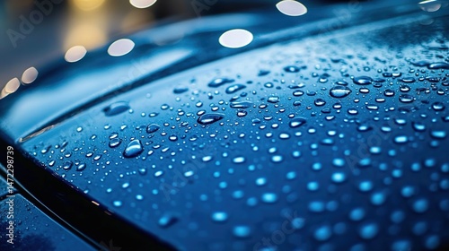 Close-up of water droplets on a blue car roof.