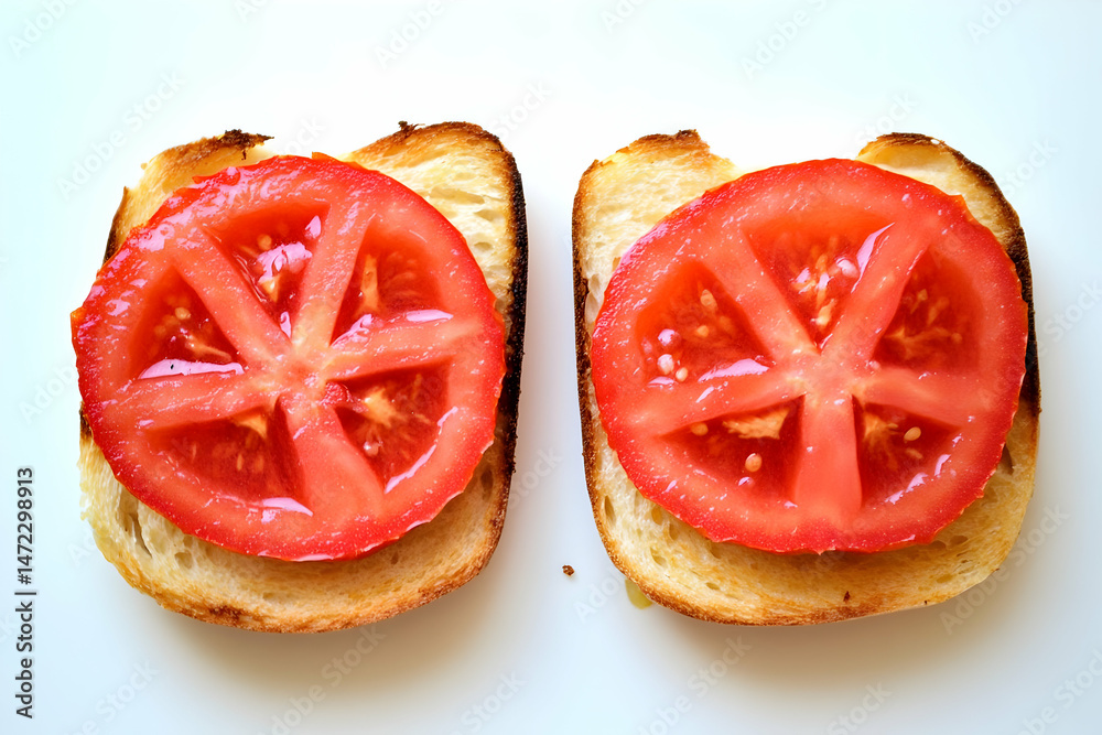 Two toasted slices of bread topped with tomato slices Two toasted slices of bread topped with tomato slices