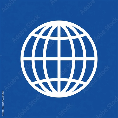 A simple minimalist vector icon of the earth, white lines, blue background