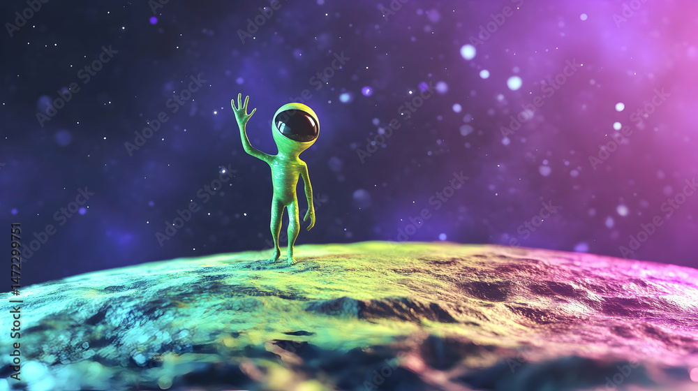Obraz premium Friendly Alien Waving on Colorful Planet in Outer Space Environment