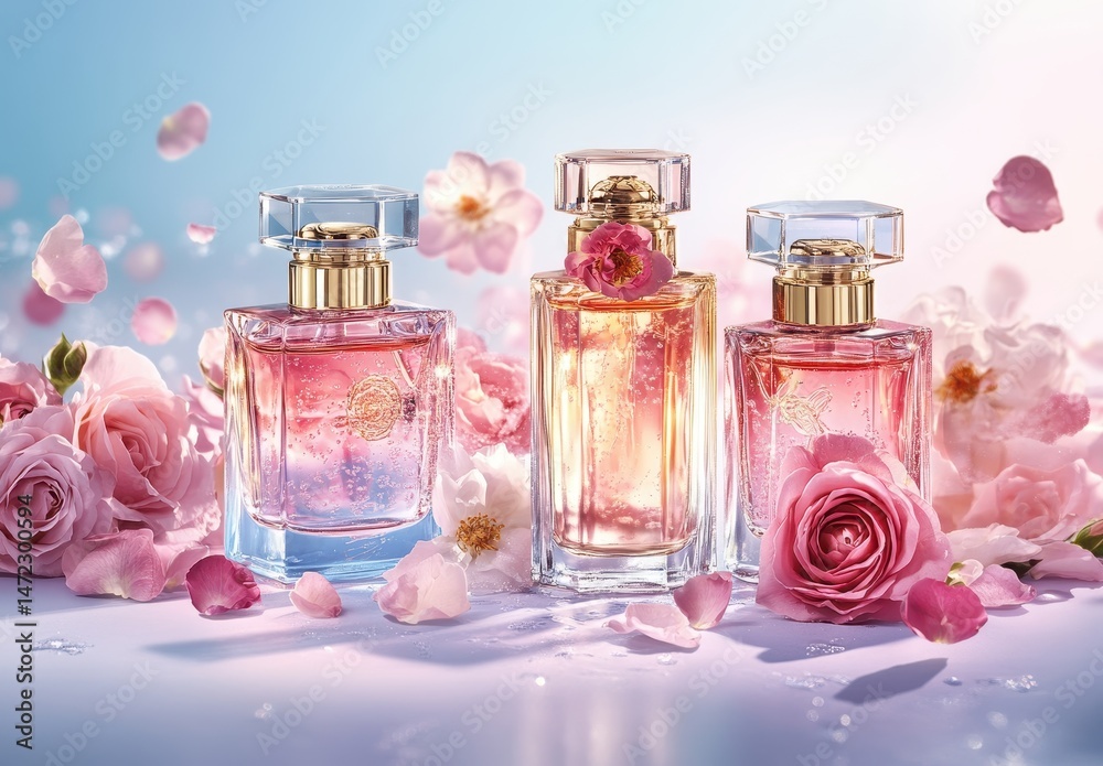 Elegant perfume bottles surrounded by soft pink rose petals and petals floating in the air, evoking a sense of luxury and romance in a serene floral setting. Elegant perfume bottles surrounded by soft pink rose petals and petals floating in the air, evoking a sense of luxury and romance in a serene floral setting.