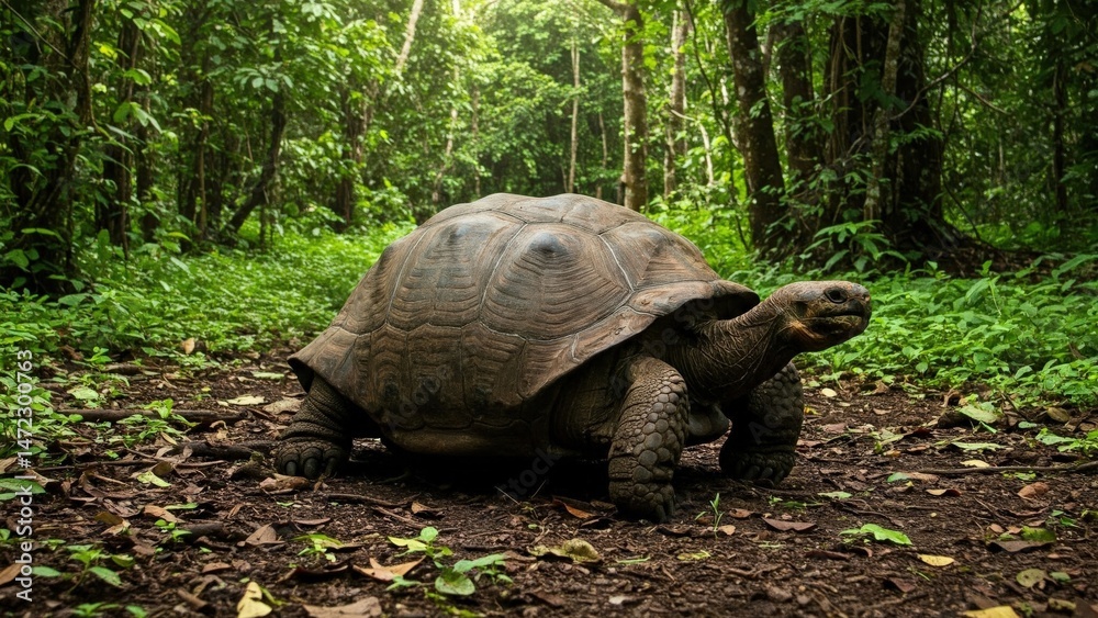 Naklejka premium Giant Tortoise Walking in Lush Green Rainforest with Sunlight Rays – World Turtle Day | World Sea Turtle Day | Sea Turtle | Save Turtle | 4K HD High Quality Turtle Laptop Desktop Wallpaper Background