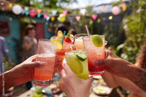 A group of friends toasting with vibrant, colorful mocktails at a festive summer garden party photo