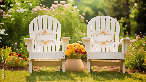 The close  up of two white wooden white chairs with small banners with an empty center with a flower frame against the background of a flowering garden