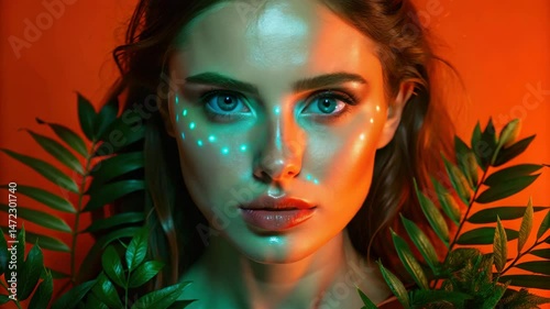 A woman with glowing face paint and neon lighting surrounded by green leaves against an orange background.