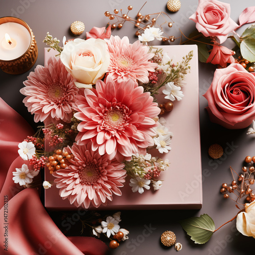 Flower composition of red pink buds of colors decorates the lid of the gift box surrounded by flowers, candles and fabric, top view