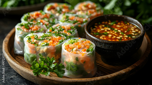 Fresh Spring Rolls with Vegetables and Dipping Sauce on Plate