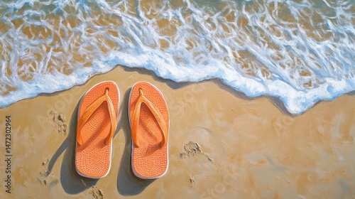 Orange Flip-Flops on Sandy Beach Near Ocean Waves