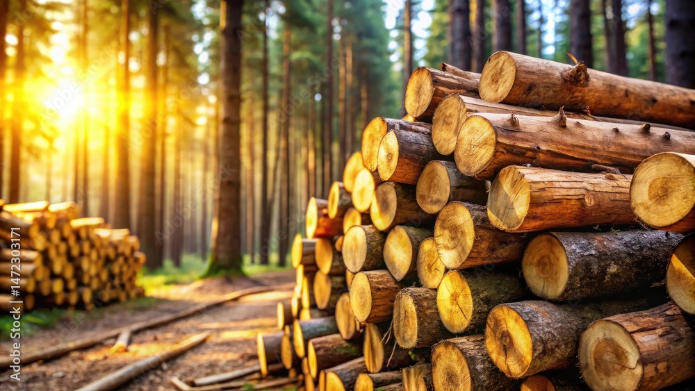 Golden hour sunlight illuminates a stack of freshly cut logs in a tranquil forest setting Golden hour sunlight illuminates a stack of freshly cut logs in a tranquil forest setting