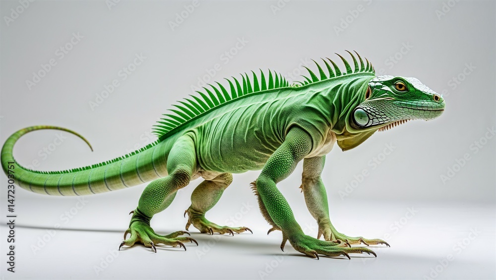 Fototapeta premium Side profile of green iguana walking with limbs extended, tail curved on white background