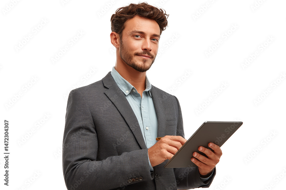 [Transparent Background PNG]Businessman Using Digital Tablet Portrait