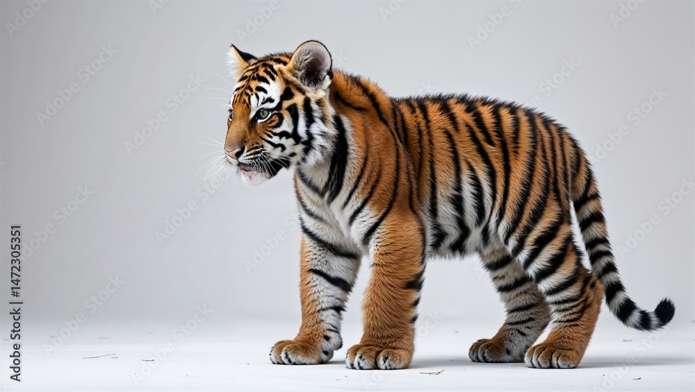 Obraz premium Side view of Bengal tiger cub standing upright, full coat detail visible on white