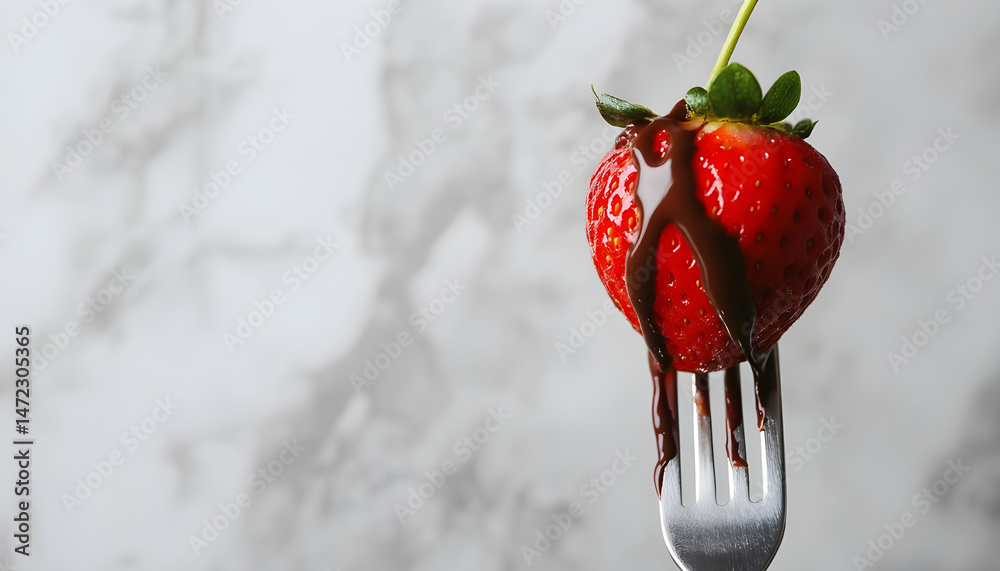 Strawberry with melted chocolate on fork above fondue, closeup. Space for text