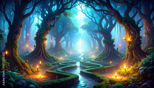 Digital painting of a mystical enchanted forest with winding paths and glowing lanterns, creating an ethereal nighttime atmosphere.