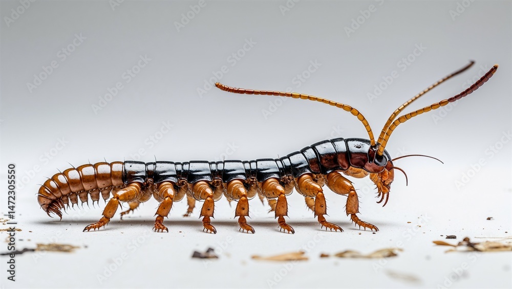 Obraz premium Side view of centipede crawling with legs spread evenly and antennae forward, white background