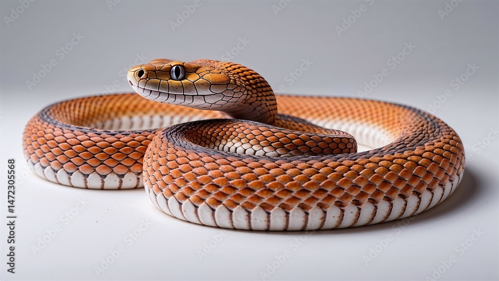 Fototapeta premium Side view of coral snake coiled loosely with bright banding, head lifted, on white