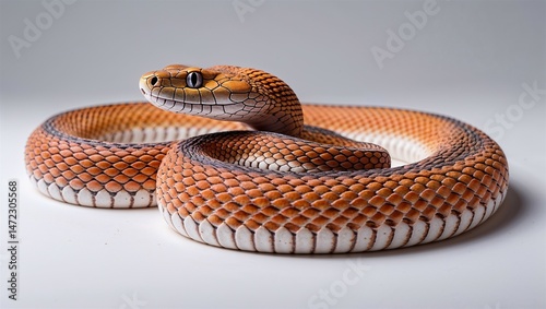 Side view of coral snake coiled loosely with bright banding, head lifted, on white