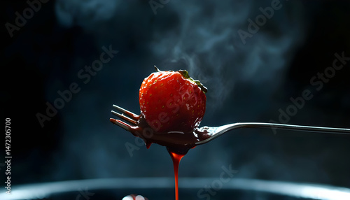 Strawberry with melted chocolate on fork above fondue, closeup. Space for text