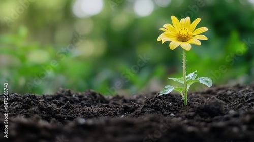 A single vibrant yellow flower blossoms, its stem rising from dark soil against a blurred green background, symbolizing growth and new life. : Generative AI