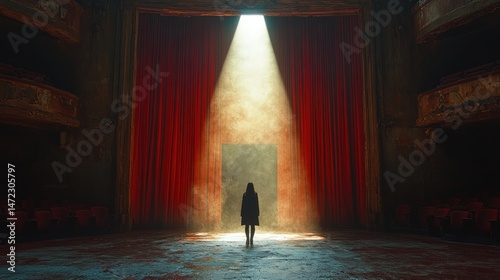 Silhouette figure stands on a grand stage, bathed in spotlight