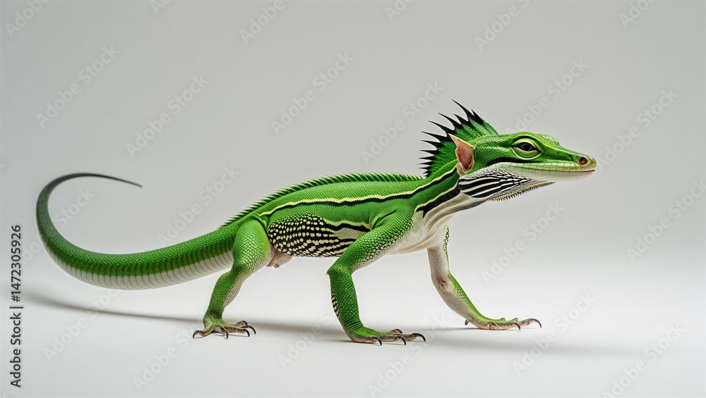 Obraz premium Side view of green basilisk lizard walking with frill extended, tail aligned, isolated on white