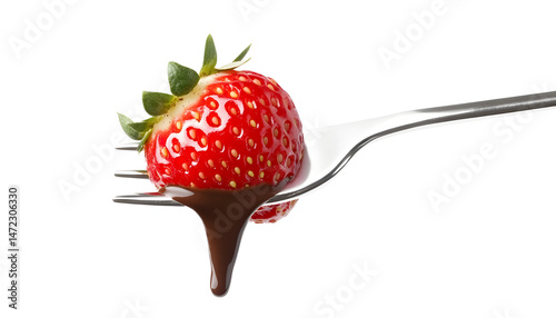Strawberry with melted chocolate on fork above fondue, closeup. Space for text