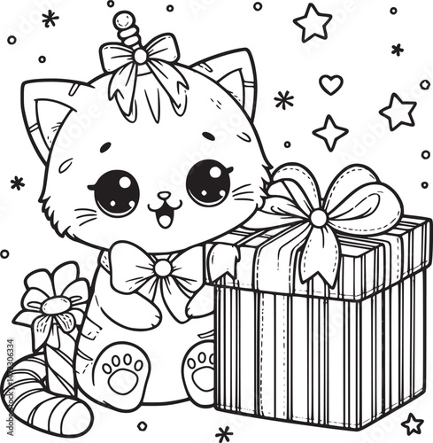 Cute kitten with gifts, hearts, and sparkles. vector