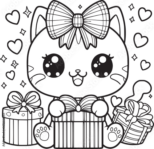Cute kitten with gifts, hearts, and sparkles. vector