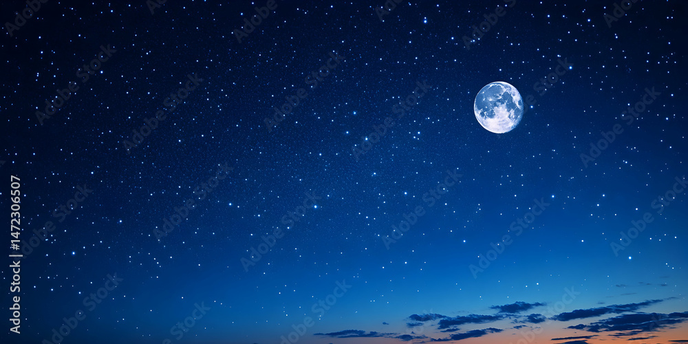 Fototapeta premium A Bright Full Moon Illuminates a Starry Night Sky Over the Horizon