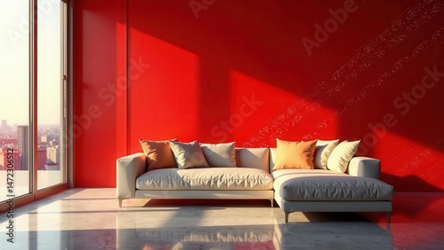 Modern sectional sofa with neutral cushions against a vibrant red wall in a sunlit room with a large window overlooking a cityscape.