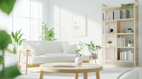 Bright, minimalist living room with white sofa, wooden coffee table, and light wooden shelving unit filled with books and plants, creating a serene and peaceful atmosphere. : Generative AI
