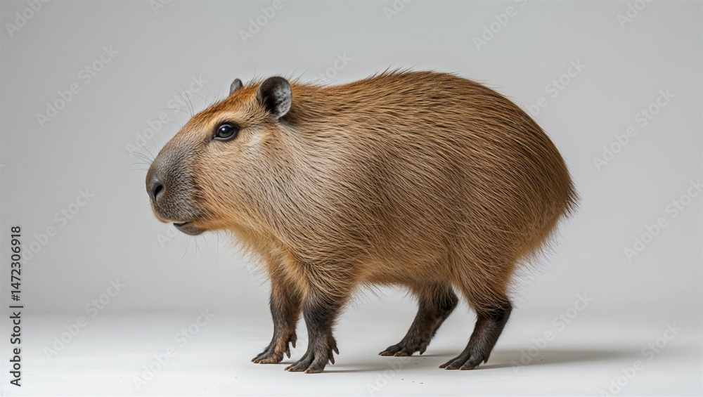 Fototapeta premium Standing capybara with full body and feet visible, side profile on white background