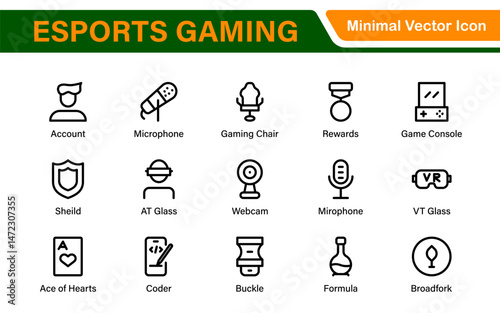 Esports Gaming Icon Pack – Modern Outline, Vector, and Line Art Illustrations for Tournaments, Teams, Players, Games, and Digital Design