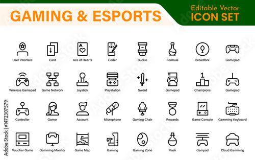 Esports Gaming Icon Pack – Modern Outline, Vector, and Line Art Illustrations for Tournaments, Teams, Players, Games, and Digital Design
