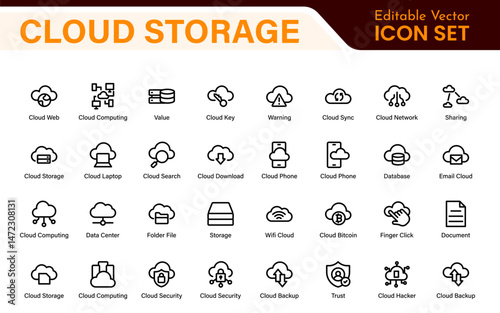 Cloud Storage Backup Icon Set – Minimal Outline Vector Illustrations for Secure Data, Sync, Upload, and File Protection – Modern Line Icons